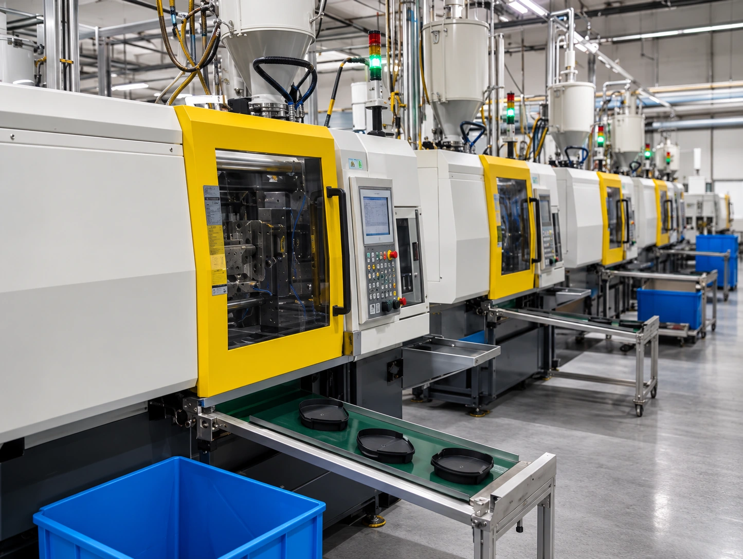 Injection molding machines and product handling equipment