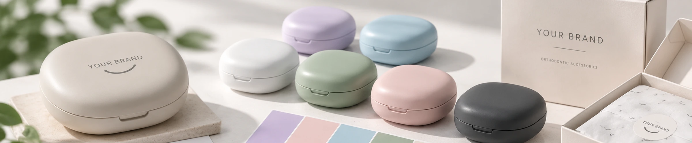 Pastel retainer cases with illustrative YOUR BRAND printing and packaging