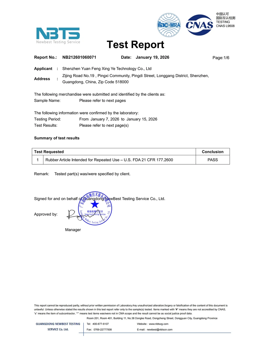 Reference sample, not a SmileStar certificate: Food-Contact Test Report